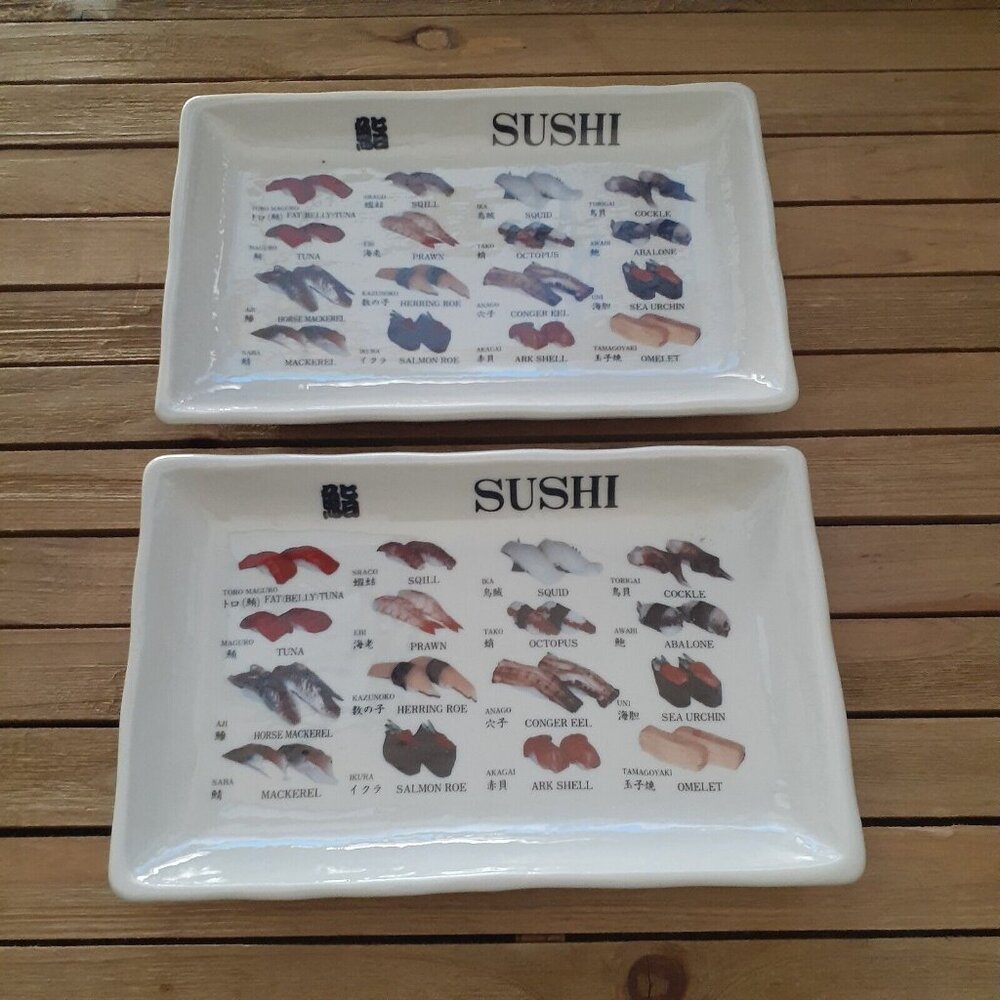 Two Rectangular Japanese Sushi Plates Fish Tuna Prawn Salmon Squid Abalone Japan